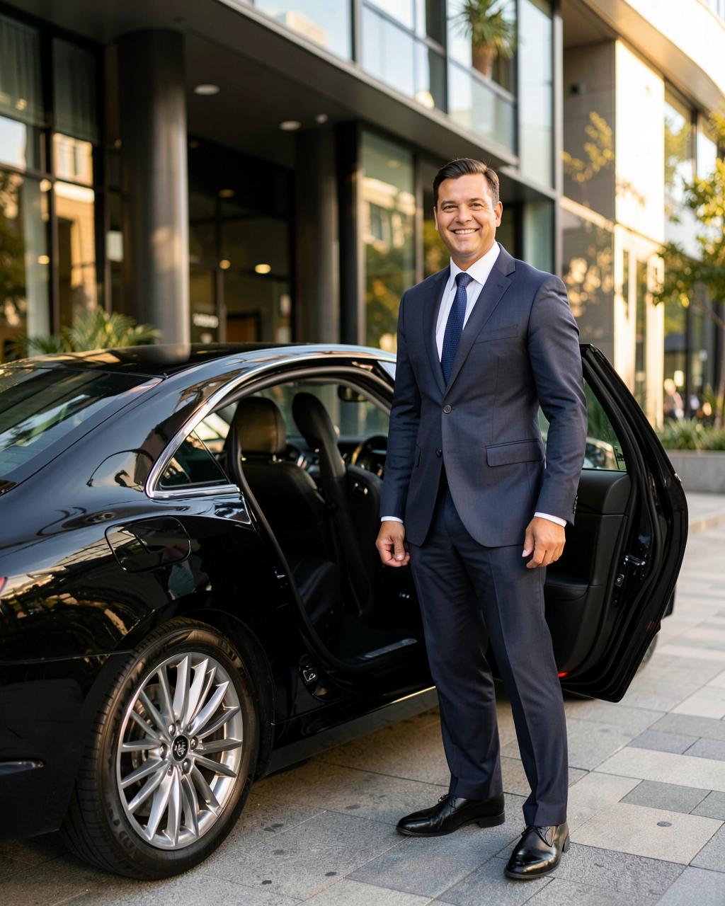 Melbourne chauffeur waiting beside an executive sedan