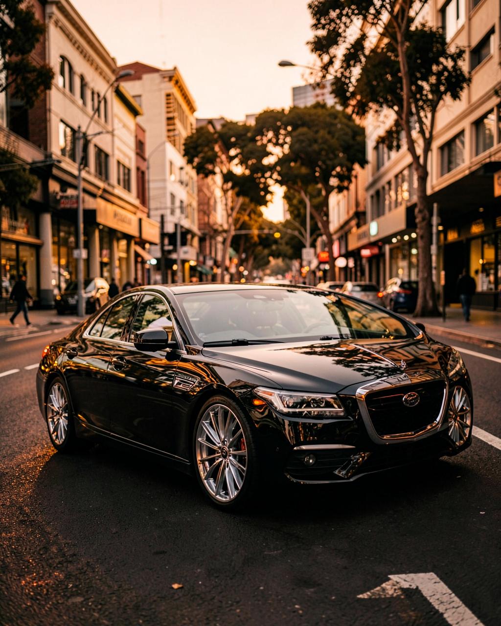 Black executive sedan on a Melbourne street at dusk